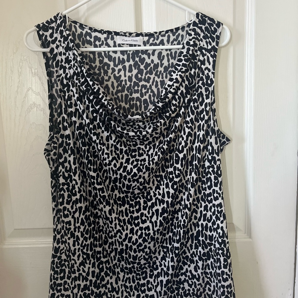 Calvin Klein Black and White Leopard-Print Cowl Neck Camisole